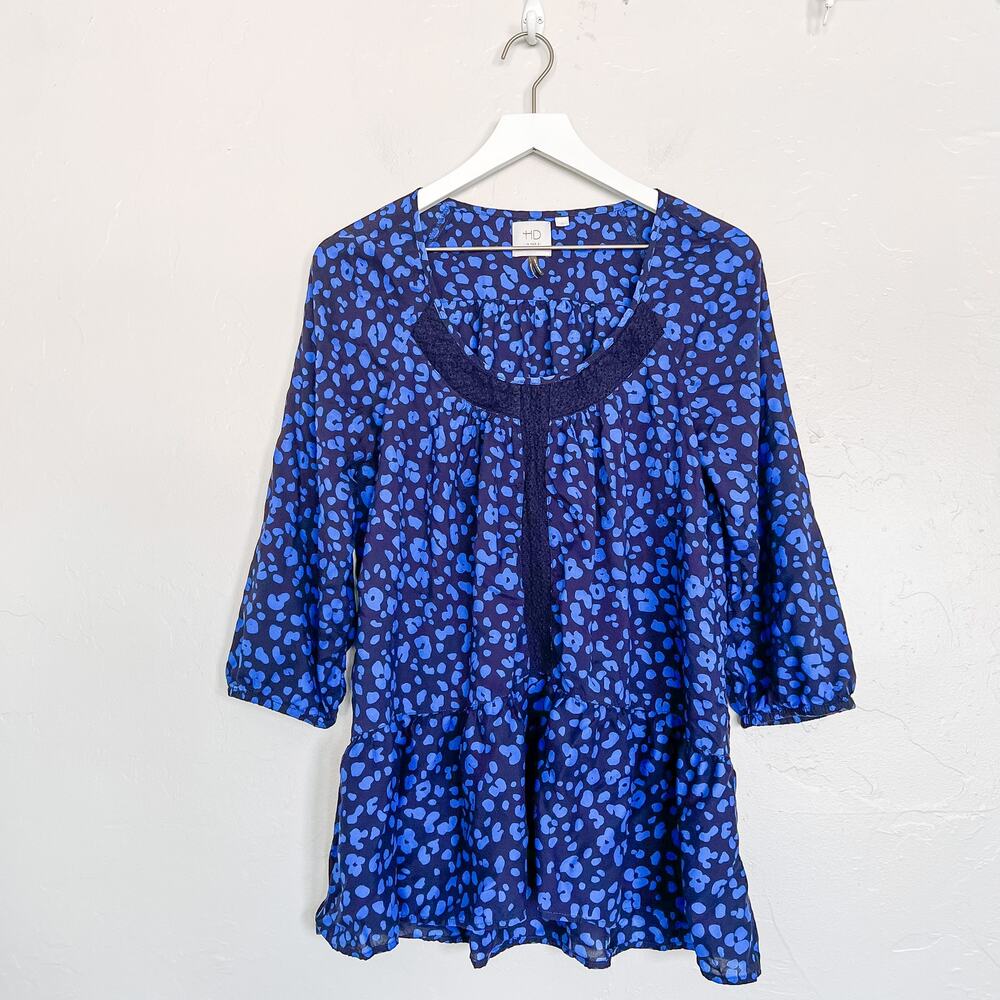 Anthropologie HD in Paris Blue Leopard Boho Art Teacher Tunic Blouse Small